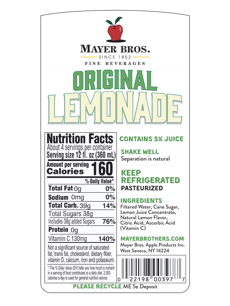 Original Lemonade - Back Label Info - Mayer Brothers
